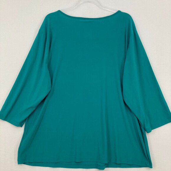 Dressbarn size 3X Blue Teal Embellished Artsy Stretch Knit 3/4 Sleeve Blouse - Picture 7 of 8